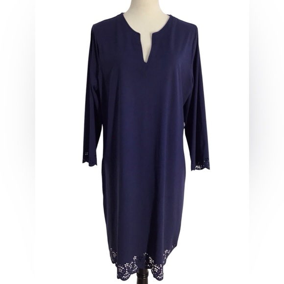 Lands End Navy Blue Laser Cut Trim Shift Dress Stretch Women’s Size Large - Picture 3 of 7